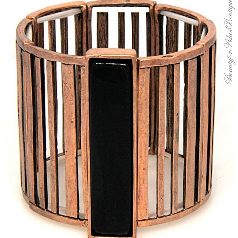 Wide Band Copper Metal with Black Rectangle Stone Giant Stretch Bracelet